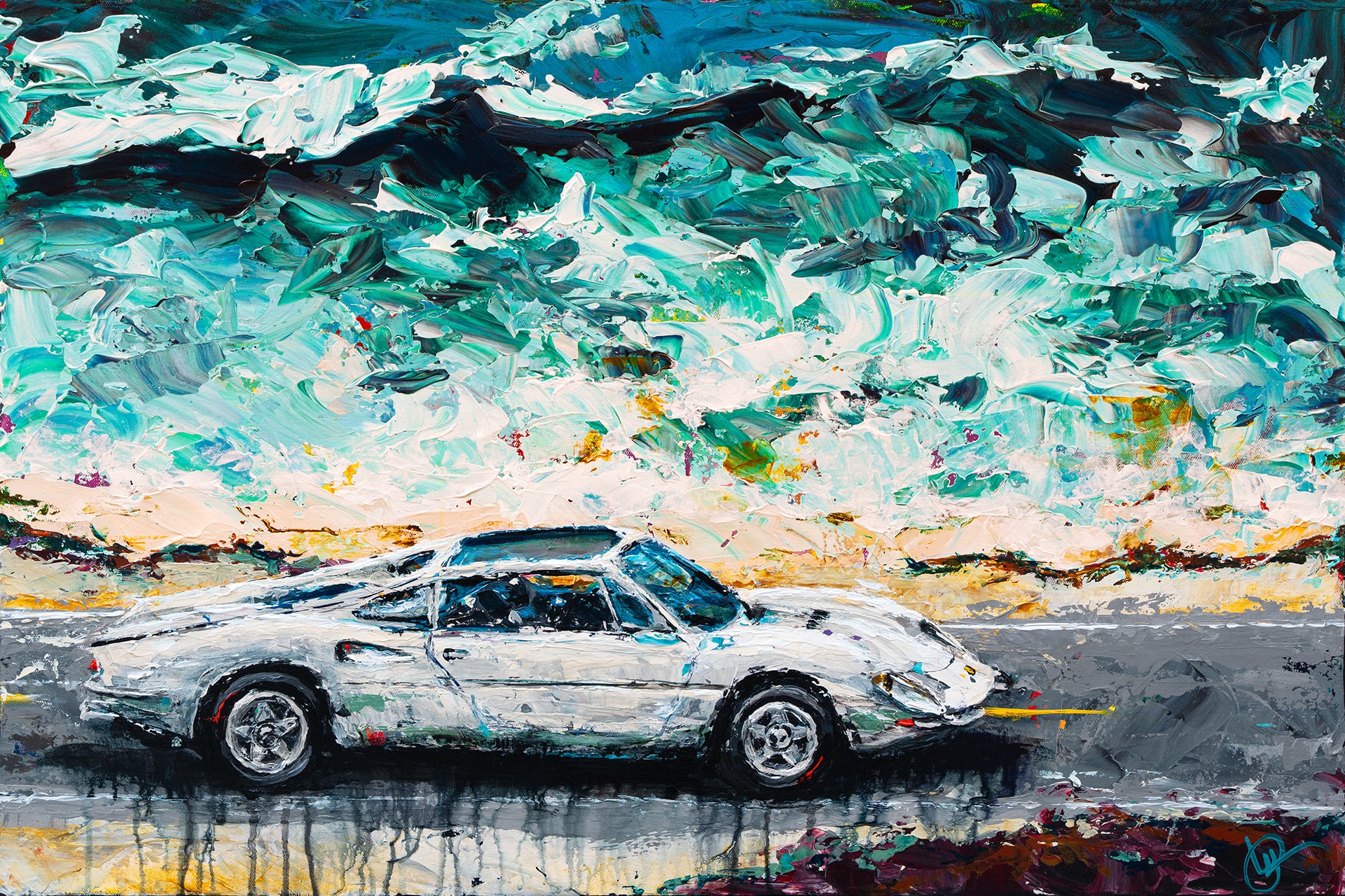 Abstract painting of a white car on a road with a colorful landscape.