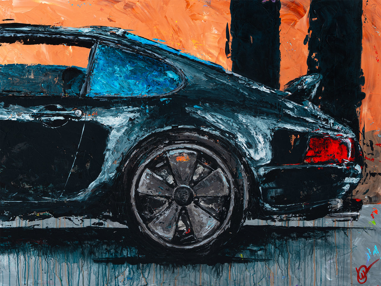 Abstract painting of a black car with orange and gray background
