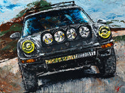 Artistic depiction of a black SUV with large headlights on a textured background