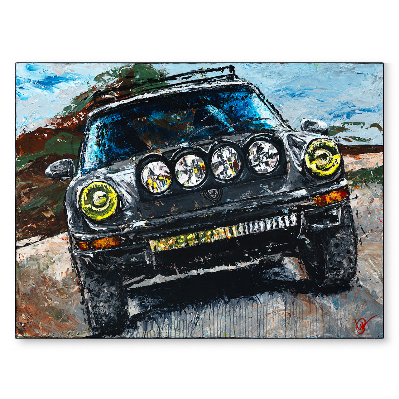Painting of a black SUV with large headlights on a colorful abstract background