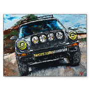Painting of a black SUV with large headlights on a colorful abstract background